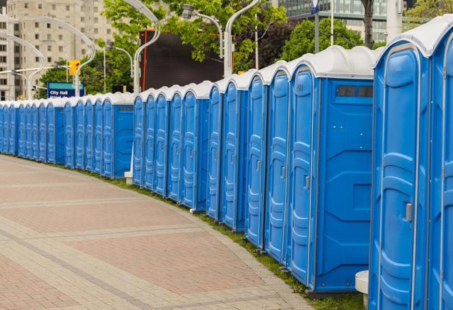 a line of portable restrooms set up for a wedding or special event, ensuring guests have access to comfortable and clean facilities throughout the duration of the celebration in Gibsonton